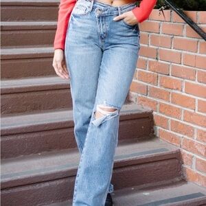 Judy Blue Criss Cross Dad Jeans Distressed Blue Straight Leg Jeans